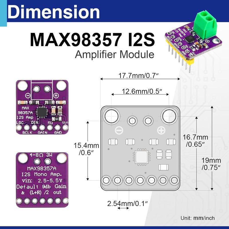 Usdrwam 6Pcs MAX98357 I2S 3W Class D Amplifier Breakout Board, MAX98357A Interface I2S DAC Decoder Module Filterless Audio Decoder for Raspberry Pi, for ESP32, for Arduino Zero - Image 2